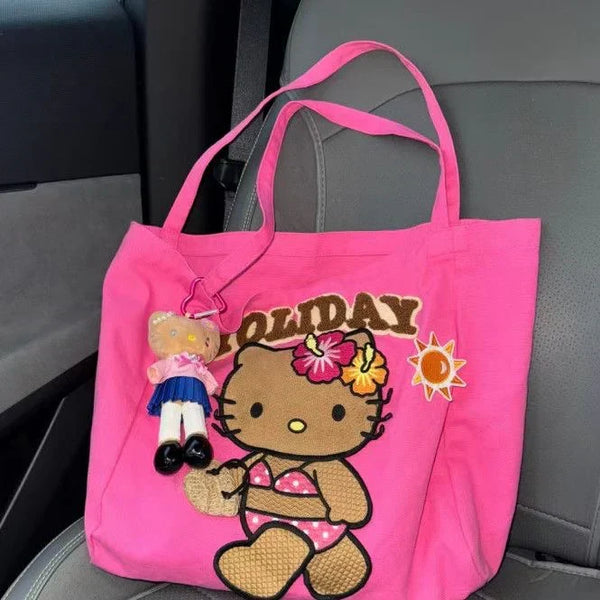 Hello Kitty Holiday Beach Tote Bag, Large Capacity Pink Canvas Handbag - Bear Hugs