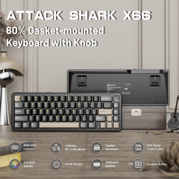 ATTACK SHARK X66 Wireless Mechanical Keyboard with 8K Coiled Cable - Bear Hugs