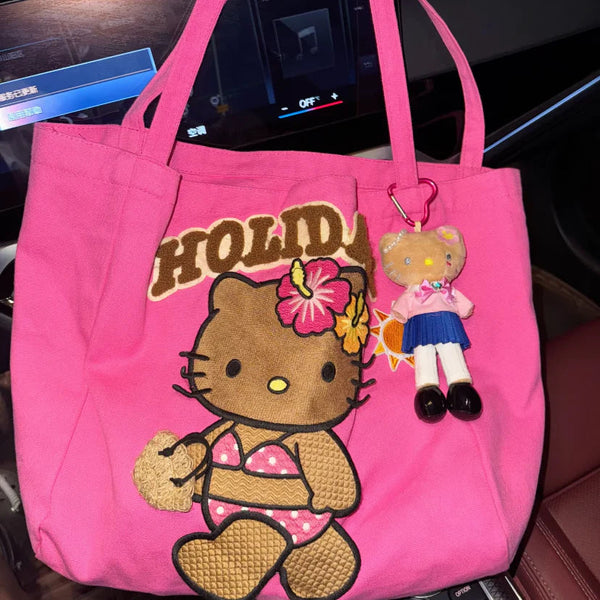 Hello Kitty Holiday Beach Tote Bag, Large Capacity Pink Canvas Handbag - Bear Hugs