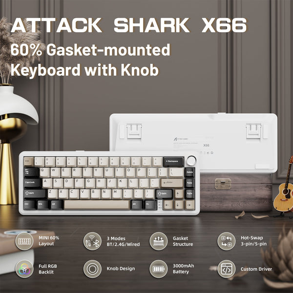 ATTACK SHARK X66 Wireless Mechanical Keyboard with 8K Coiled Cable - Bear Hugs