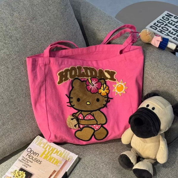 Hello Kitty Holiday Beach Tote Bag, Large Capacity Pink Canvas Handbag - Bear Hugs