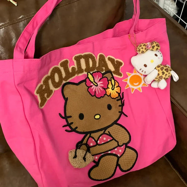 Hello Kitty Holiday Beach Tote Bag, Large Capacity Pink Canvas Handbag - Bear Hugs