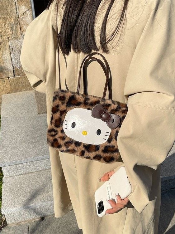 Hello Kitty 3-Way Fuzzy Leopard Print Tote Bag
