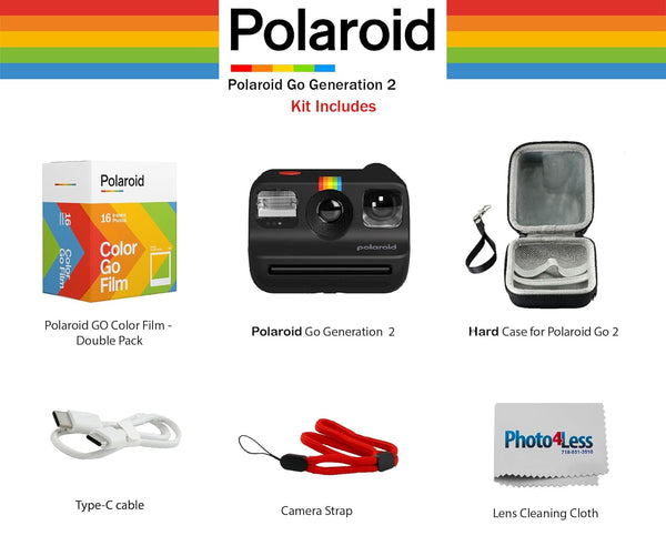 Polaroid Go Generation 2 Instant Film Mini Camera (Black) Bundled with Polaroid GO Color Film Double Pack, Hard Carrying Case, Lens Cleaning Cloth - Bear Hugs