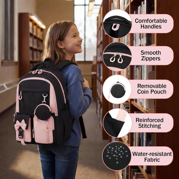 Black Pink Commute Girl School Backpack