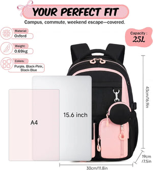 Black Pink Commute Girl School Backpack