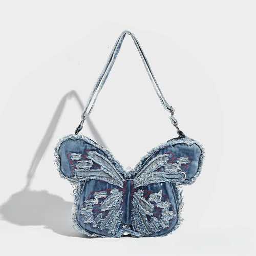 Frayed Butterfly Denim Premium Y2K Backpack