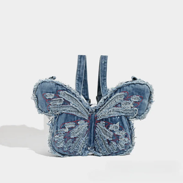 Frayed Butterfly Denim Premium Y2K Backpack