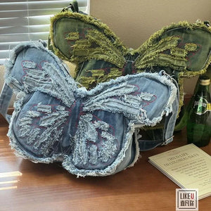 Frayed Butterfly Denim Premium Y2K Backpack