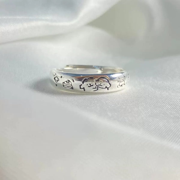 Sweet Date Doodle Engraved Couple Silver Rings (Set of 2)