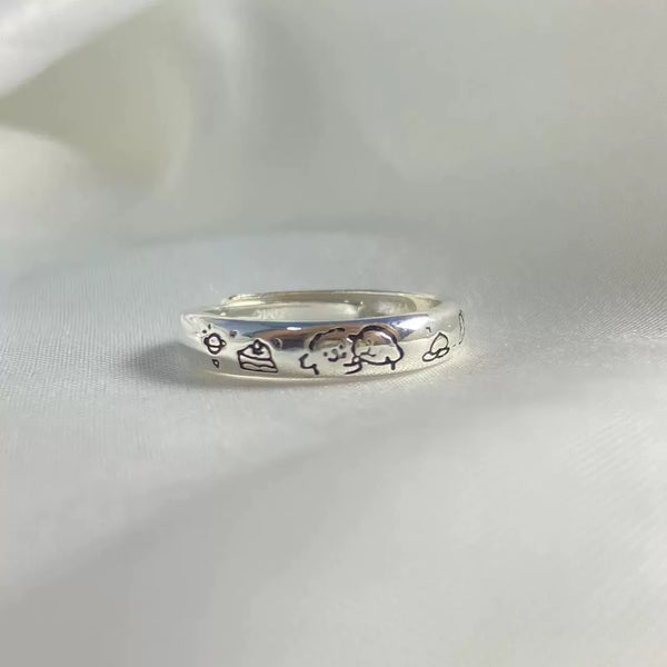Sweet Date Doodle Engraved Couple Silver Rings (Set of 2)