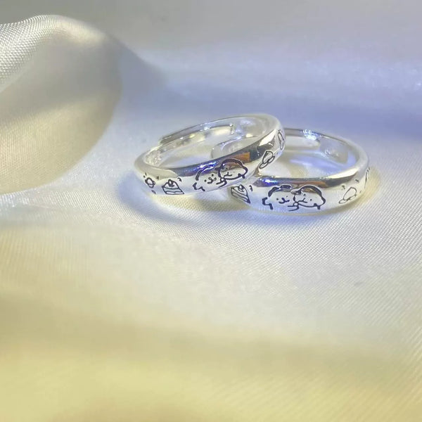 Sweet Date Doodle Engraved Couple Silver Rings (Set of 2)