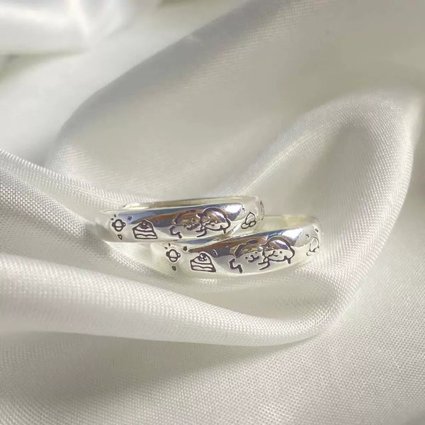 Sweet Date Doodle Engraved Couple Silver Rings (Set of 2)