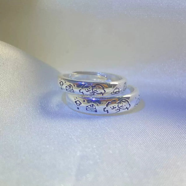 Sweet Date Doodle Engraved Couple Silver Rings (Set of 2)
