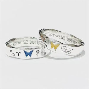 Celestial Butterfly and Zodiac Engraved Couple Silver Rings (Set of 2)
