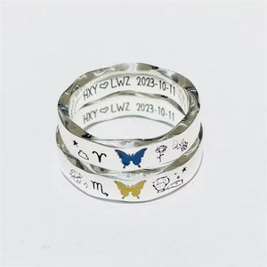 Celestial Butterfly and Zodiac Engraved Couple Silver Rings (Set of 2)