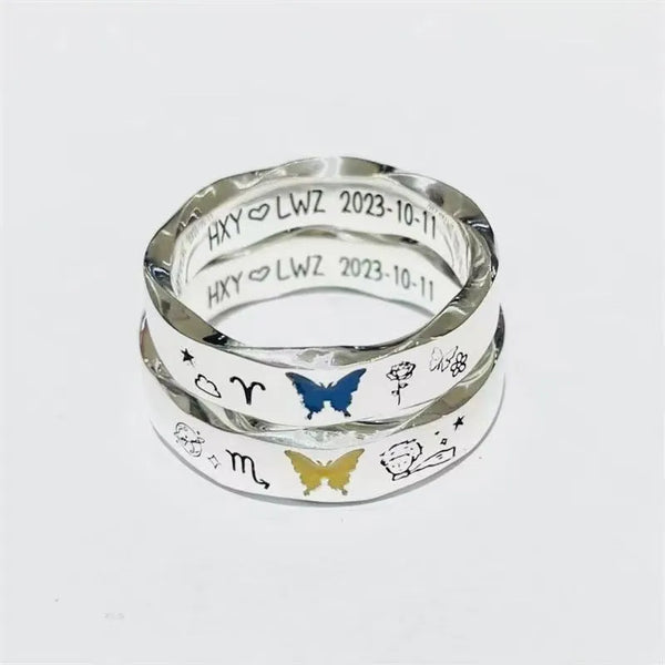 Celestial Butterfly and Zodiac Engraved Couple Silver Rings (Set of 2)