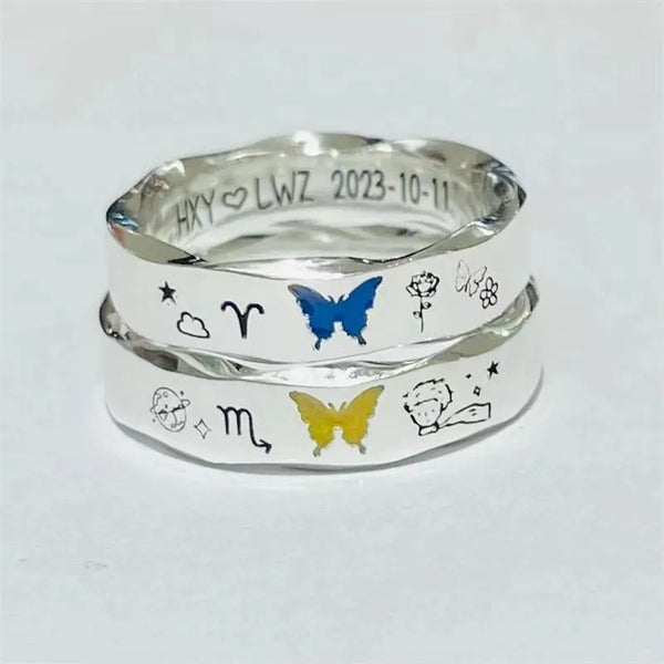 Celestial Butterfly and Zodiac Engraved Couple Silver Rings (Set of 2)