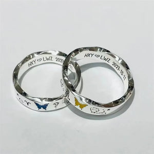 Celestial Butterfly and Zodiac Engraved Couple Silver Rings (Set of 2)