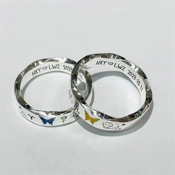 Celestial Butterfly and Zodiac Engraved Couple Silver Rings (Set of 2)