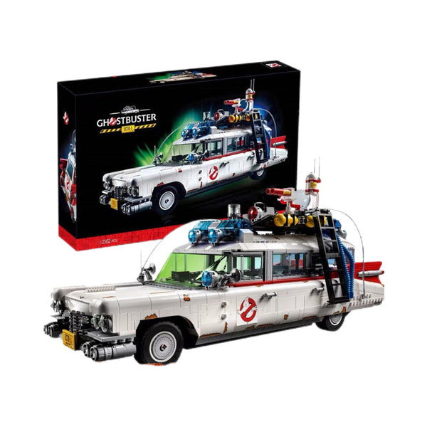 Ghostbusters Ecto-1 model with packaging in the background
