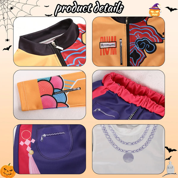 Collage of colorful jackets with brand logos on a Halloween-themed background