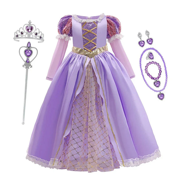 Girls Disney Rapunzel Dress Kids Tangled Disguise Carnival Girl Princess Costume Birthday Party Gown Outfit Clothes 2-10 Years - Bear Hugs
