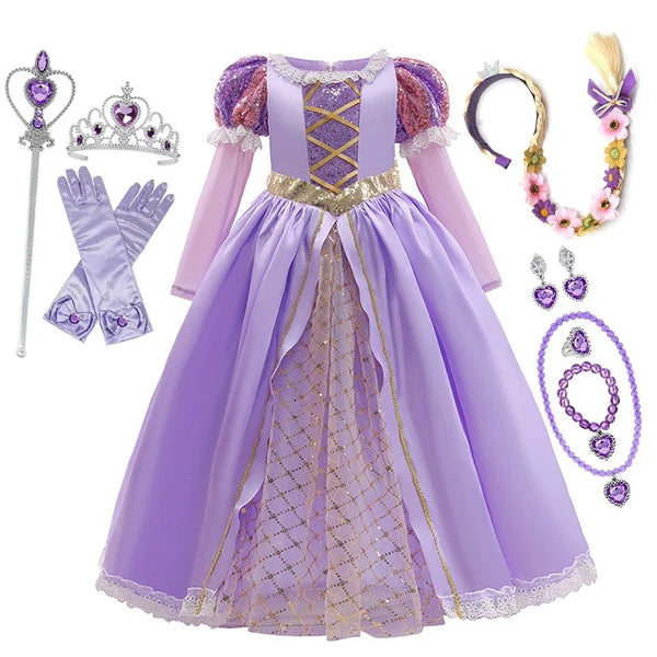 Girls Disney Rapunzel Dress Kids Tangled Disguise Carnival Girl Princess Costume Birthday Party Gown Outfit Clothes 2-10 Years - Bear Hugs