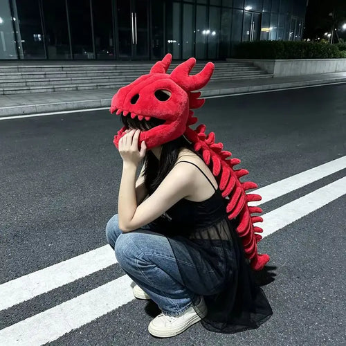 Halloween Dinosaur Skeleton Headgear Red Plush Role Play Costume Fun Prank Creative Toys Birthday Gift For Family Adult Party - Bear Hugs