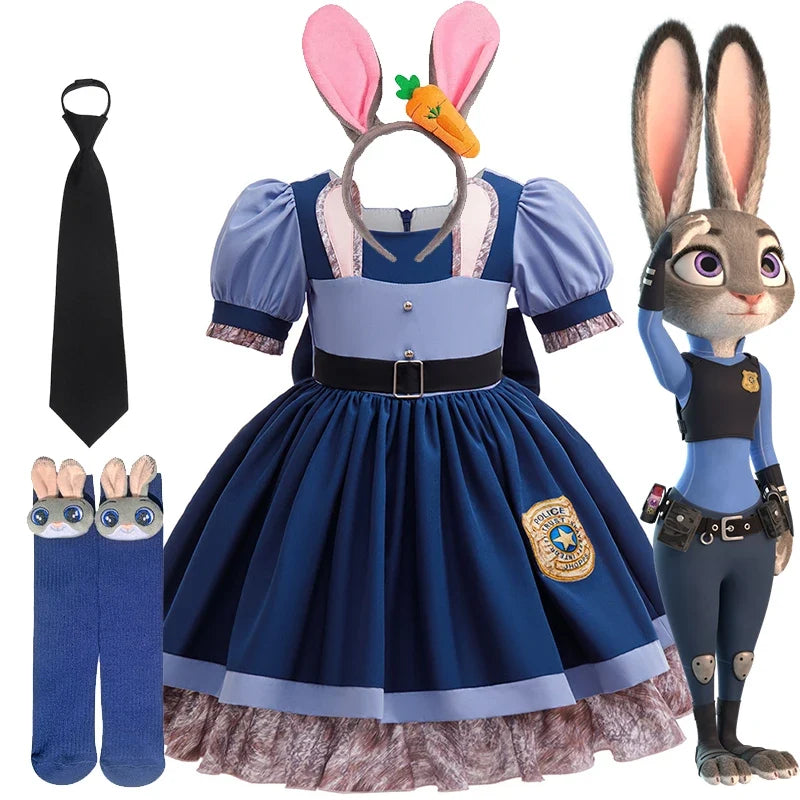 Girls Judy Bunny Police Officer Dress Disney Zootopia 2 Bunny Costume for Kids Cosplay Dress With Accessories Fancy Outfits - Bear Hugs