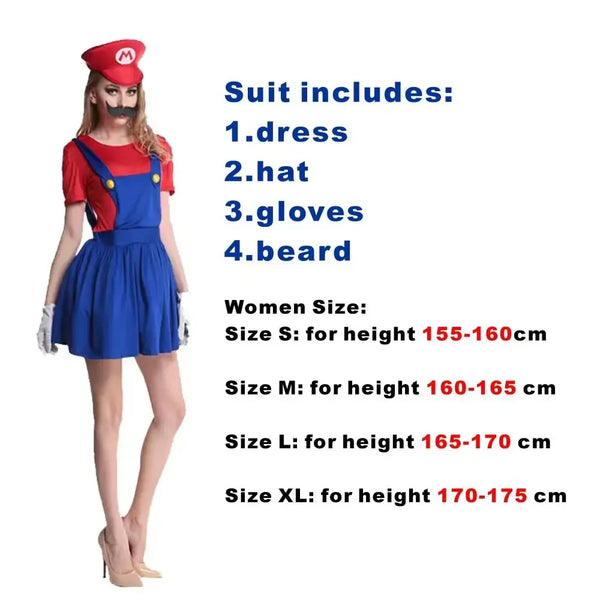 Game Super Plumber Bros Cosplay Costumes for Men Women Halloween Carnival Outfits Fancy Jumpsuit with Hat Mustache Gloves - Bear Hugs