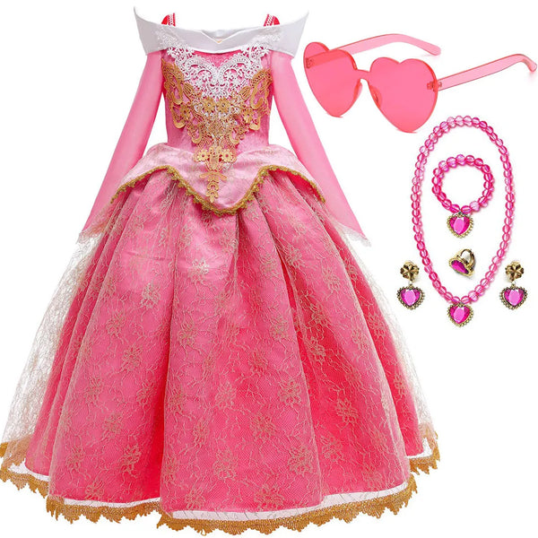 2026 Disney Sleeping Beauty Aurora Princess Dress Girl Cosplay Off Shoulder Kids Gifts Fancy Party Girl Baby Fine Lace Dress Set - Bear Hugs