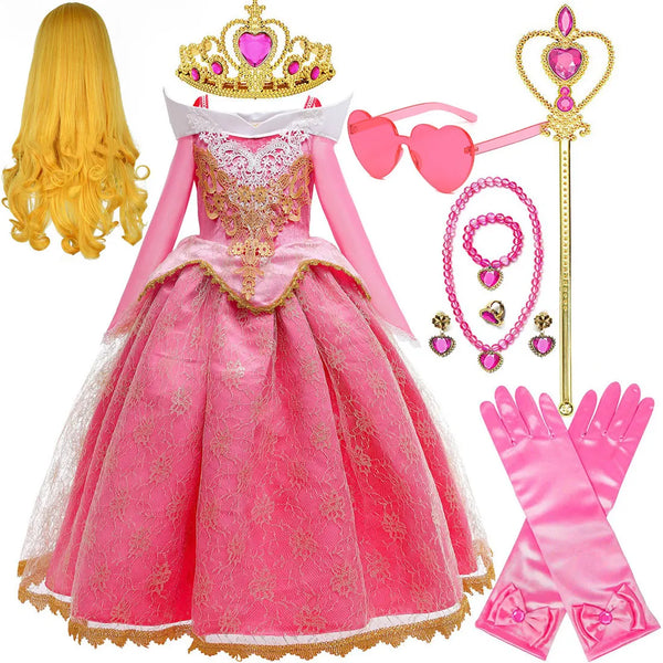 2026 Disney Sleeping Beauty Aurora Princess Dress Girl Cosplay Off Shoulder Kids Gifts Fancy Party Girl Baby Fine Lace Dress Set - Bear Hugs