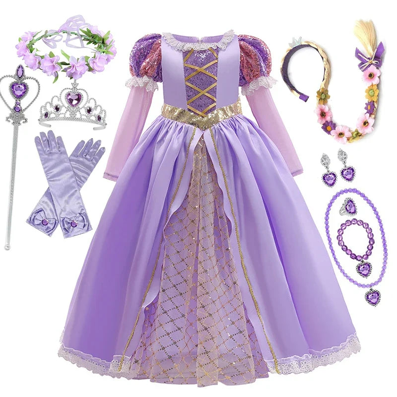 Girls Disney Rapunzel Dress Kids Tangled Disguise Carnival Girl Princess Costume Birthday Party Gown Outfit Clothes 2-10 Years - Bear Hugs