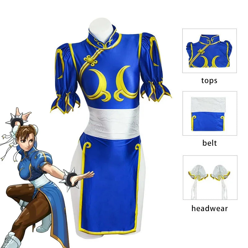 Chun Li Cosplay Dress Costume Game SF Chunli Role Play Blue Qipao Outfit Full Set Jackie Kung fu Halloween Party Suit For Fun - Bear Hugs