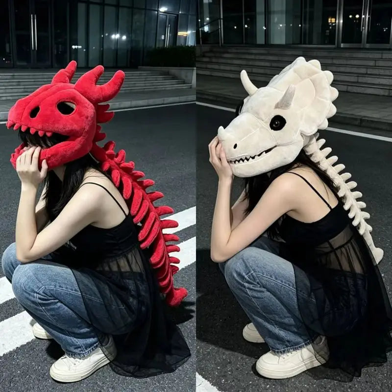Halloween Dinosaur Skeleton Headgear Red Plush Role Play Costume Fun Prank Creative Toys Birthday Gift For Family Adult Party - Bear Hugs