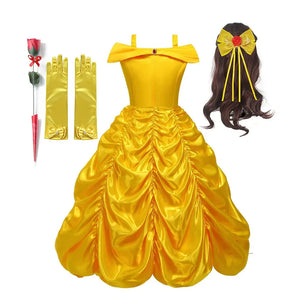 Off Shoulder Yellow Princess Dress for Kids Girl Belle Role Playing Clothing Fancy Carnival Party Birthday Ball Gowns Halloween - Bear Hugs