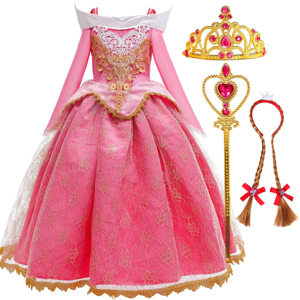 2026 Disney Sleeping Beauty Aurora Princess Dress Girl Cosplay Off Shoulder Kids Gifts Fancy Party Girl Baby Fine Lace Dress Set - Bear Hugs