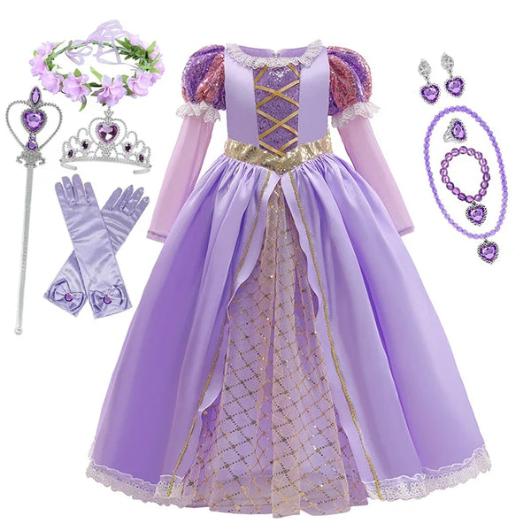Girls Disney Rapunzel Dress Kids Tangled Disguise Carnival Girl Princess Costume Birthday Party Gown Outfit Clothes 2-10 Years - Bear Hugs