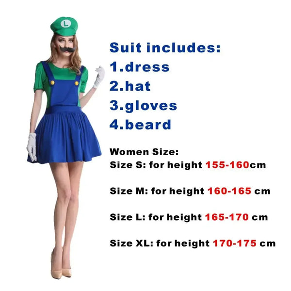 Game Super Plumber Bros Cosplay Costumes for Men Women Halloween Carnival Outfits Fancy Jumpsuit with Hat Mustache Gloves - Bear Hugs