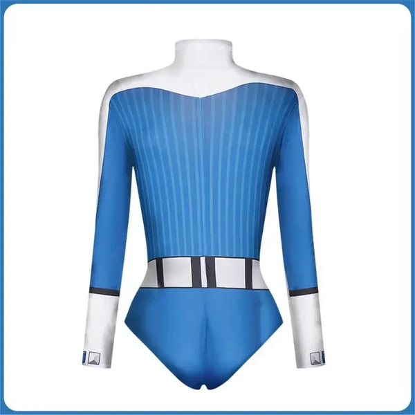 Women Fantastic Fourth Susan Storm Cosplay Bodysuit Halloween Blue White Color Invisible Zipper Long Sleeve Role Play Swimsuit - Bear Hugs
