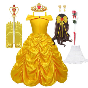 Off Shoulder Yellow Princess Dress for Kids Girl Belle Role Playing Clothing Fancy Carnival Party Birthday Ball Gowns Halloween - Bear Hugs