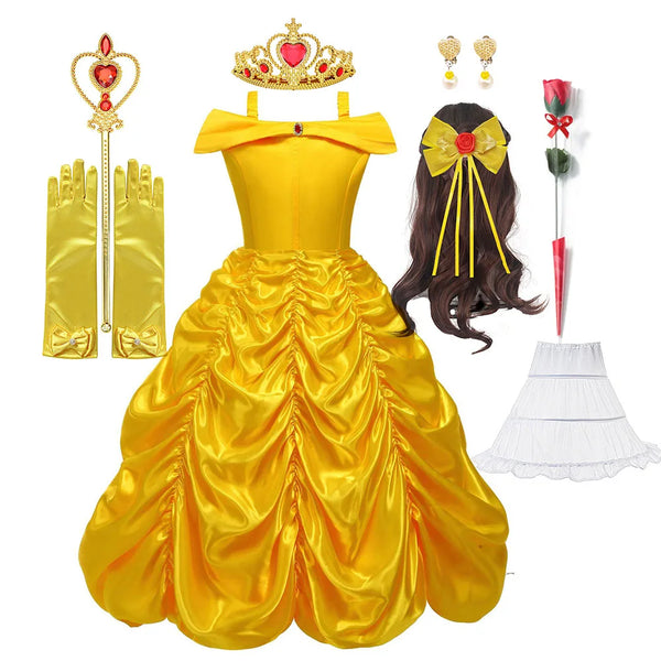 Off Shoulder Yellow Princess Dress for Kids Girl Belle Role Playing Clothing Fancy Carnival Party Birthday Ball Gowns Halloween - Bear Hugs