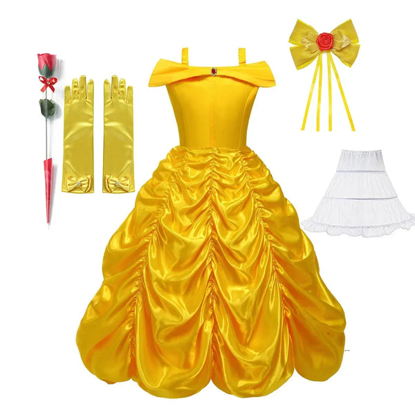 Off Shoulder Yellow Princess Dress for Kids Girl Belle Role Playing Clothing Fancy Carnival Party Birthday Ball Gowns Halloween - Bear Hugs