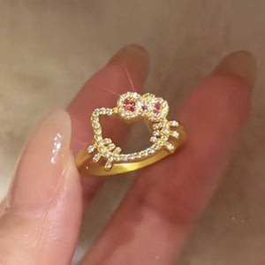 Sanrio Hello Kitty Ring Cartoon Fashion Woman's Diamond Studded Ring Sweet Girls Daily Wearing Anime Peripherals Ornament Gifts - Bear Hugs