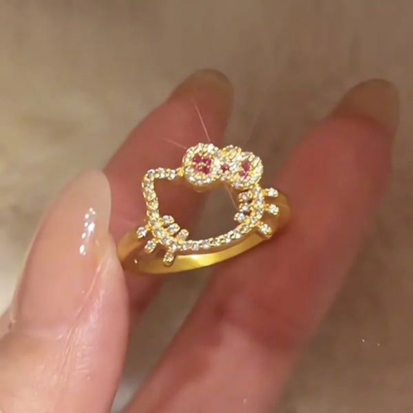 Sanrio Hello Kitty Ring Cartoon Fashion Woman's Diamond Studded Ring Sweet Girls Daily Wearing Anime Peripherals Ornament Gifts - Bear Hugs