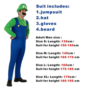 Game Super Plumber Bros Cosplay Costumes for Men Women Halloween Carnival Outfits Fancy Jumpsuit with Hat Mustache Gloves - Bear Hugs