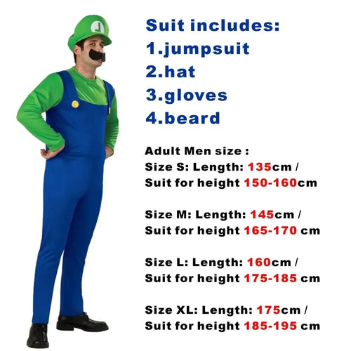 Game Super Plumber Bros Cosplay Costumes for Men Women Halloween Carnival Outfits Fancy Jumpsuit with Hat Mustache Gloves - Bear Hugs