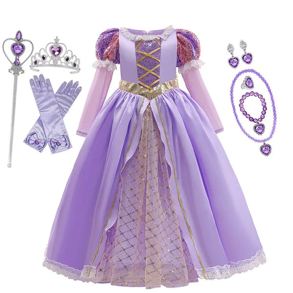 Girls Disney Rapunzel Dress Kids Tangled Disguise Carnival Girl Princess Costume Birthday Party Gown Outfit Clothes 2-10 Years - Bear Hugs