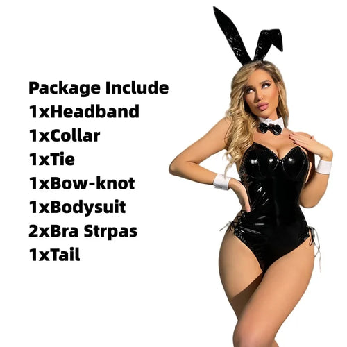 Playboy Bunny Girl Costume Women Sexy Cosplay Lingerie PU Leather Bodysuit with Tie and Headband Suit Anime Outfit - Bear Hugs